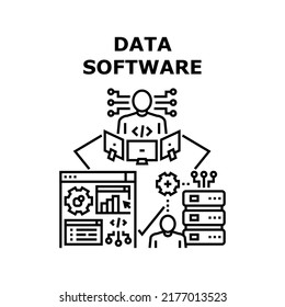 Data Software Vector Icon Concept. Data Software Developing Programmer And Coding On Computer, It Worker And Technician Technology Development And Support. Server Performance Check Black Illustration