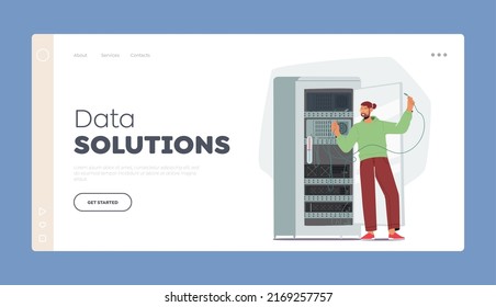 Vorlage für die Landing Page von Datenlösungen Systemadministrator-Zeichen, die Server-Racks betreuen. Sysadmin-Konfiguration von Computersystemen und Netzwerken. Vektorgrafik von Cartoon People