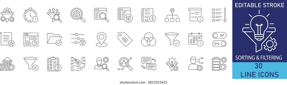 Data sorting and content filtering system management line icon set. Vector symbols for database query optimization, descending ascending arrangement, category classification, and search results refinement.