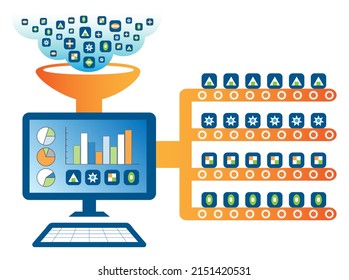 Data sorting and filtering concept. Raw data are ingested into the intelligence sorting computer system. Irreverent data are discarded while relevant data are sorted as output.