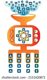 Concepto de ordenación y filtrado de datos. Los datos en bruto se ingieren en el sistema de clasificación de inteligencia. Los datos irreverentes se descartan mientras que los datos relevantes se clasifican como resultados.