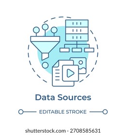 Icono de concepto azul suave de fuentes de datos. Control de la información, inteligencia artificial. Sistema de base de datos. Ilustración de línea de forma redonda. Abstractas idea. Diseño gráfico. Fácil de usar en infografía