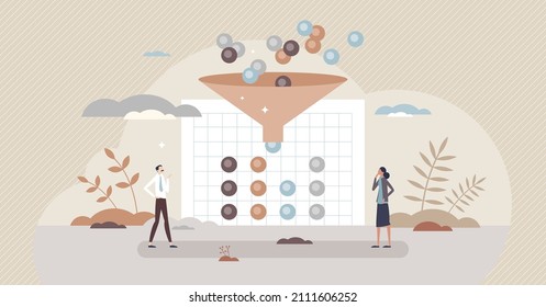 Data standardization with information sorting system tiny person concept. Structuring average outcome from big data with artificial intelligence and automation vector illustration. Results control.