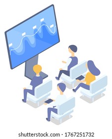 Data and statistics analysis by experts, isolated team of workers looking at screen. Monitor of computer with information, pointers and lines. Online technology for specialists. Vector in 3d style
