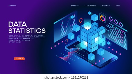 Data Statistics Web Banner. Data Visualization Concept. 3d Isometric Vector Illustration. Page Template. 