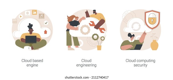 Data storage abstract concept vector illustration set. Cloud based engine, cloud-native software development and engineering, network computing security, storage access abstract metaphor.