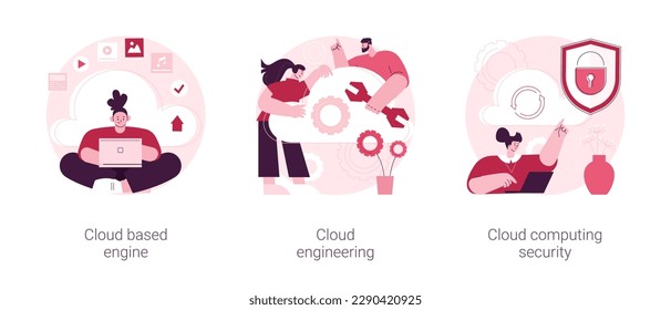 Conjunto de ilustraciones vectoriales de concepto abstracto de almacenamiento de datos. Motor basado en la nube, desarrollo e ingeniería de software nativo de la nube, seguridad informática en red, metáfora abstracta de acceso al almacenamiento.