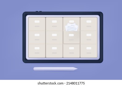 Data Storage Or Archive File 3d. Open Documents Or Dossier Search Online. Boxes  Information In Open Electronic Access. Virtual Cabinet Concept, Safe Save The Archive File. Vault Vector Illustration