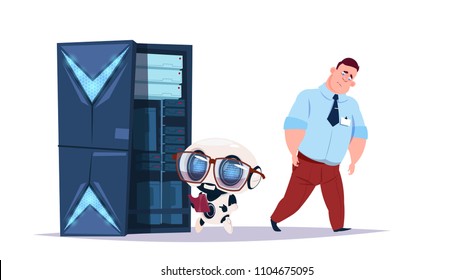 Data storage artificial intelligence center with hosting servers and staff. Computer robot communication support, cybermind concept flat design