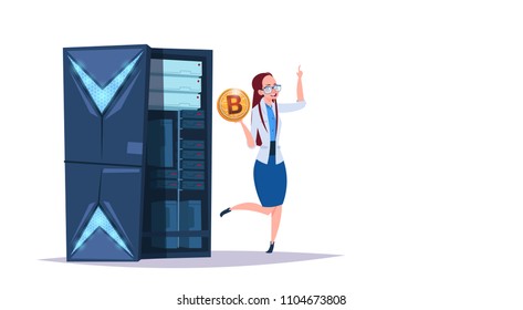 Data storage bitcoin center with hosting servers and staff. Computer mining communication support, crypto currency concept flat design
