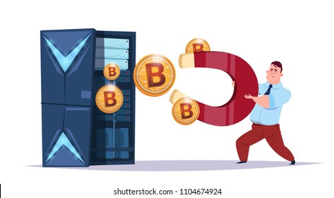 Data storage bitcoin center with hosting servers and staff. Computer mining communication support, crypto currency concept flat design
