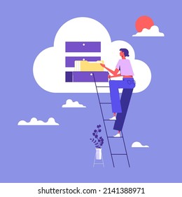 Data Storage Cloud Computing Business Concept, woman backup Data to the Cloud Storage Illustration