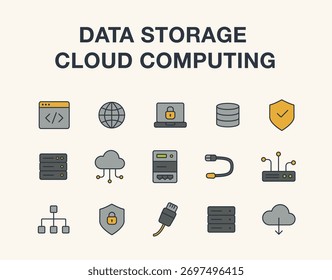 Data Storage Cloud Computing Flat Style Vetor Ilustração Ícones. Tecnologia, Hospedagem na Web, Infraestrutura de TI, Gerenciamento de dados, Segurança cibernética, Servidor, Banco de dados, Rede em nuvem, Data Center