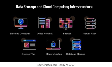 Data Storage and Cloud Computing Infrastructure with Server Rack, Database Storage, and Office Network Protection Darker Background Version with Editable Stroke and Colors.
