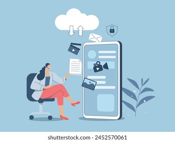 Data storage in cloud computing technology and cloud security, secure connection, storing sensitive data, Woman uses mobile phone to work securely online. Vector design illustration.