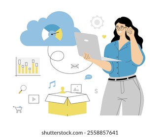 Data Storage Cloud Computing. Woman backup Data to the Cloud Storage and Hosting. Woman working with laptop via secure online system. Vector illustration on isolated white background.