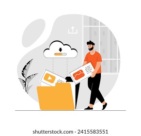 Data storage. Cloud service concept. Man uploaded files to the cloud storage. Illustration with people scene in flat design for website and mobile development.	
