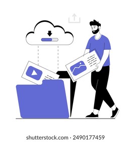 Data storage. Cloud service concept. Man uploaded files to the cloud storage. Vector illustration with line people for web design.	
