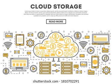 Data storage. Cloud technology and networking for business. Database storage. Online communication and interactive media data processing icon illustration. Global network server. Vector linear banner