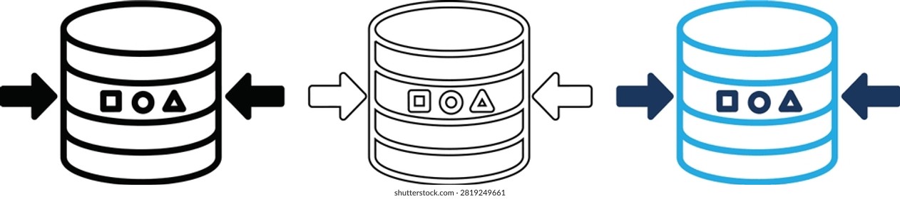 Data storage compression icons featuring arrows and geometry shapes on server cylinders depicting efficient file management archive reduction and system disk optimization tech.