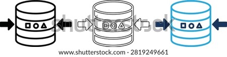 Data storage compression icons featuring arrows and geometry shapes on server cylinders depicting efficient file management archive reduction and system disk optimization tech.