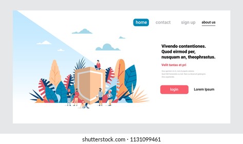 data storage concept over shield background business people working together hand hold diversity gadgets , copy space horizontal flat vector illustration