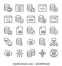 Data storage and database related line icon set. Backup linear icons. Data transfer and structure outline vector signs and symbols collection.