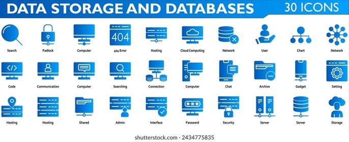 Data Storage and Databases icon set. Containing padlock,computer,hosting,404 error,cloud computing,network,user,code,communication,connection,setting,shared,password,server and security.Solid Gradient