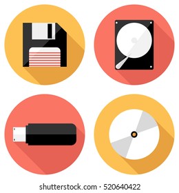 Data storage device icons. Flat design style modern vector illustration. Isolated on stylish color background. Flat long shadow icon. Elements in flat design.
