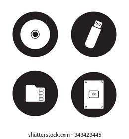 Data storage devices black icons set. External ssd hard drive, portable usb stick, micro sd mobile memory card, compact disc. Digital gadgets. White silhouettes illustrations. Vector logo concepts