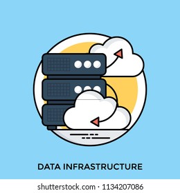 Data storage devices with the cloud graphics up and down making connections, data infrastructure icon 