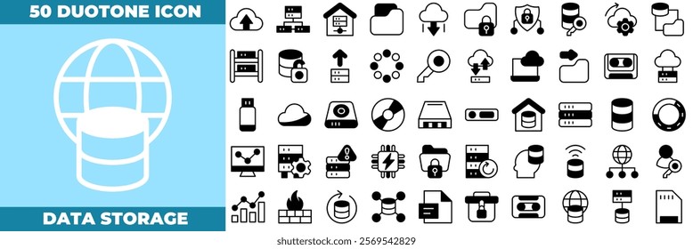 Data Storage Duotone Editable Icons set. Vector illustration in modern thin duotone style of data storage icons: File Organization, Document Storage, File Management, Document Retrieval, etc