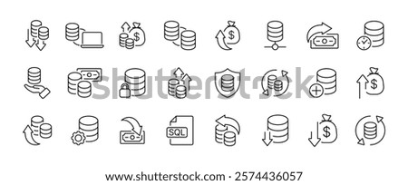 Data storage and financial icons: database, money, security, currency exchange. Vector icon