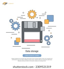 Data storage flat contour style vector concept illustration. Old floppy disc icon