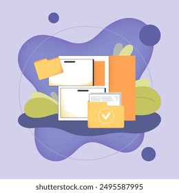 Data storage flat vector illustration. Folder with documents, cabinet with archive. Organized archive, database, information concept