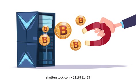 Data storage hand hold magnet bitcoin center with hosting servers and staff. Computer mining communication support, crypto currency concept flat design vector illustration