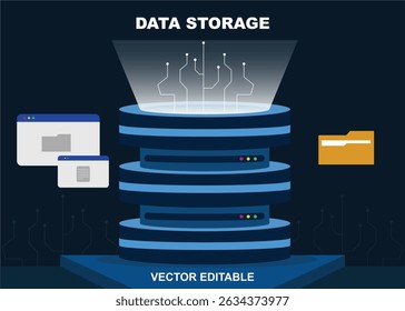 Ícone de armazenamento de dados na ilustração de vetor de estilo simples. Data center, banco de dados, nuvem.