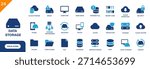 Data storage icon. Includes hard drive, storage full, local storage, cloud, recovery. Solid vector icon set.
