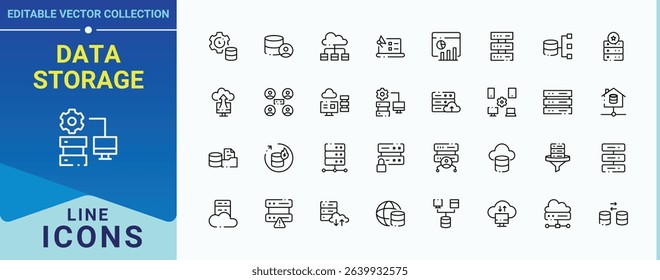 Data Storage icon set. Contains outline symbols like data center, server, computing, data, hosting, host, analytics and more. Database linear icon collection. Minimal icons pack. Editable vector art.