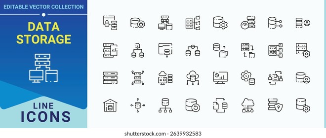 Data Storage icon set. Contains outline symbols like data center, server, computing, data, hosting, host, analytics and more. Database linear icon collection. Minimal icons pack. Editable vector art.