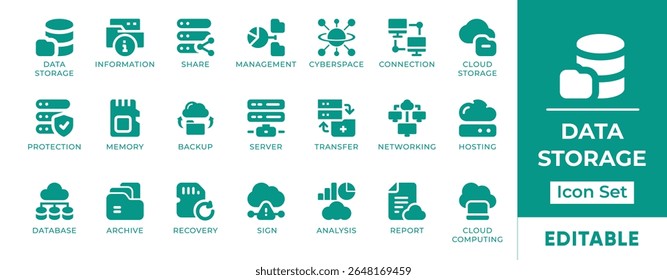Conjunto de Ícones de Armazenamento de Dados. Apresenta ícones de armazenamento em nuvem, servidores, discos rígidos, bancos de dados e backups. Perfeito para aplicativos técnicos, sistemas de TI e infraestrutura digital.