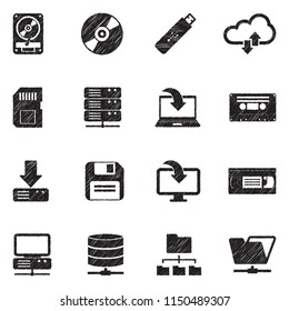 Data Storage Icons. Black Scribble Design. Vector Illustration.