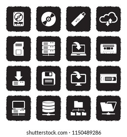 Data Storage Icons. Grunge Black Flat Design. Vector Illustration. 