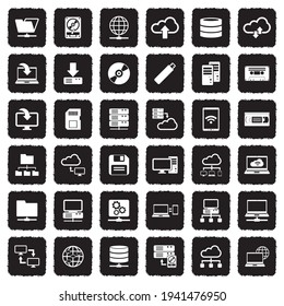Data Storage Icons. Grunge Black Flat Design. Vector Illustration.