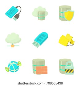 Data storage icons set. Cartoon set of 9 data storage vector icons for web isolated on white background