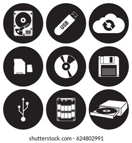 Data storage icons set. White on a black background