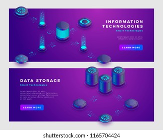 Data storage and information technology concept. Landing page banner template. 3d isometric vector illustration.