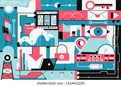 Data storage items background of security and wireless network. Concept tools for work of urban style and mobile technology with modern device. Vector illustration.