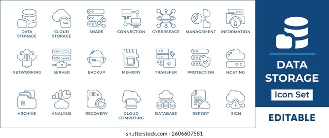 Data storage line icon set featuring cloud computing, database management, server security, file backup, network storage, data protection, and digital information systems.