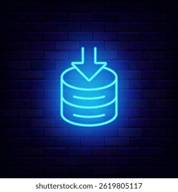Data storage with loading arrow neon label. Big data sign on brick wall. Computer database. Vector stock illustration